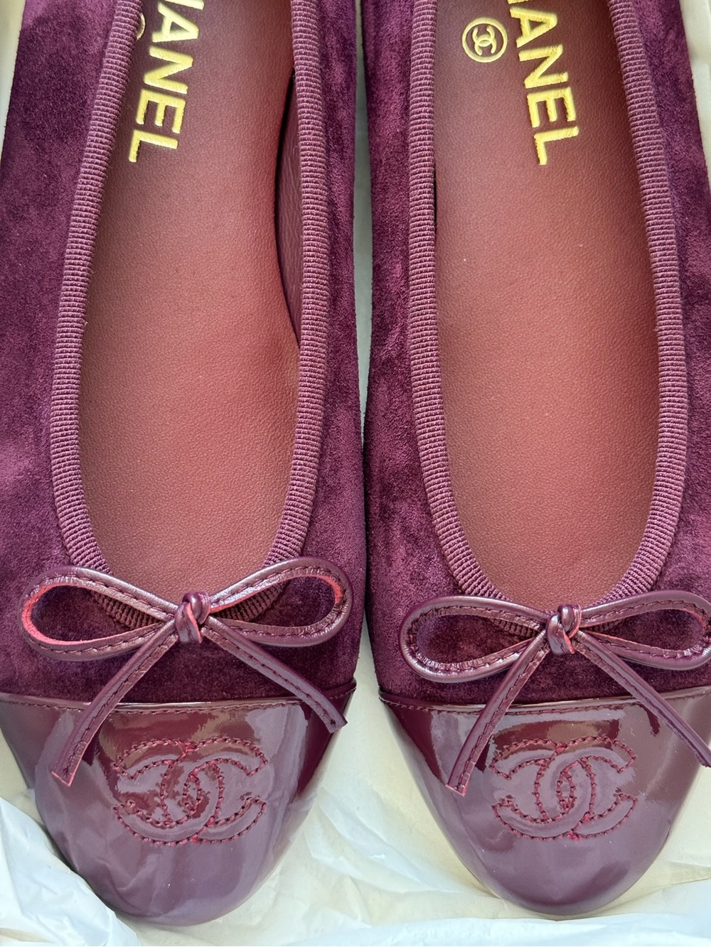 2026 Chanel Burgundy Suede & Patent Ballerina